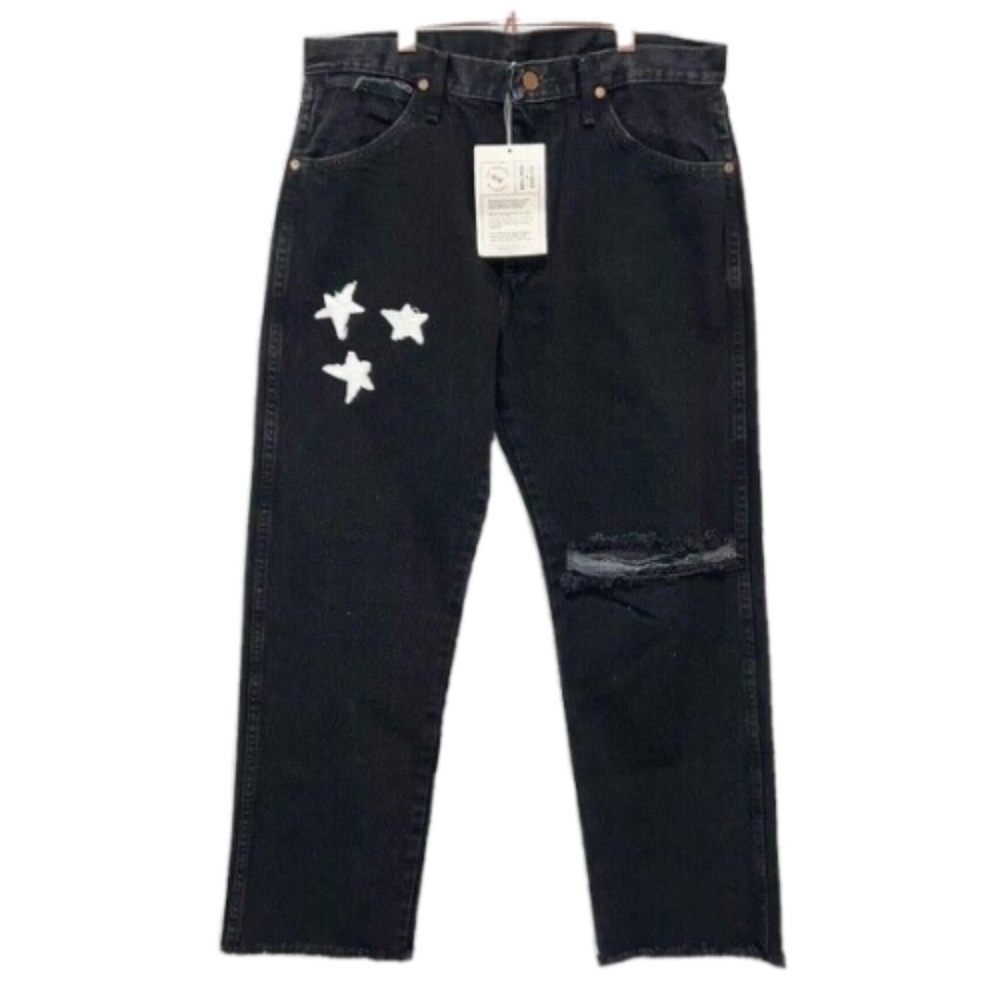 The Renewal Workshop Wrangler Straight Leg Star Patch Jeans in Black